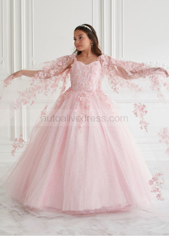 Cape Sleeves Pink 3D Flowers Lace Tulle Sparkly Flower Girl Dress